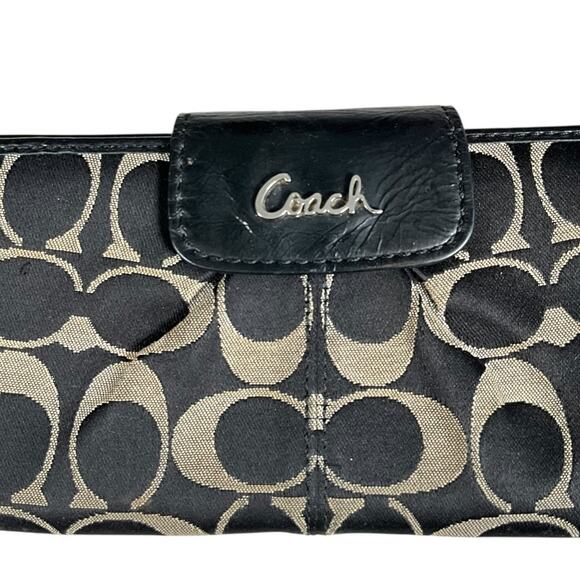 Y2K Coach Signature Accordion Wallet Black Tan Vintage Leather Trim designer - Picture 2 of 12